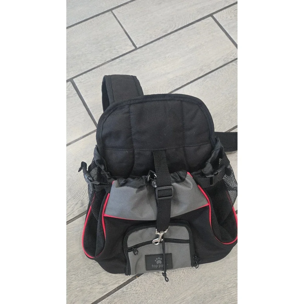 Top Paw Small Pet Carrier Backpack Black Grey Red Front Facing Dog Cat Travel